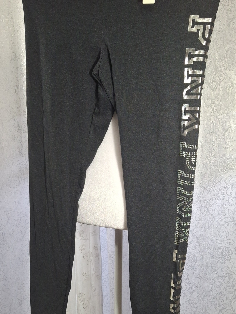 M Charcoal Gray Cotton High Waist Leggings NWT Rhinestones Vicorias Secret PINK